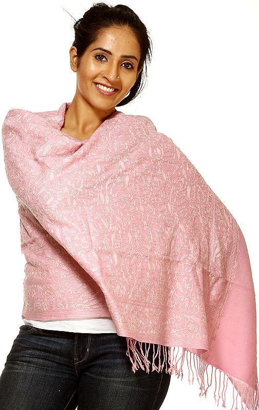 Morning Glory-Pink Stole with Aari Embroidered Paisleys All-Over