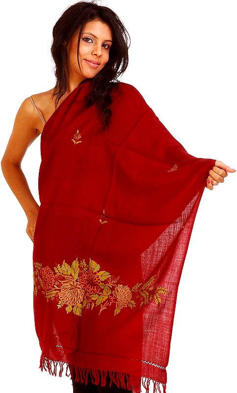 Maroon Kashmiri Stole with Aari Embroidered Flowers by Hand