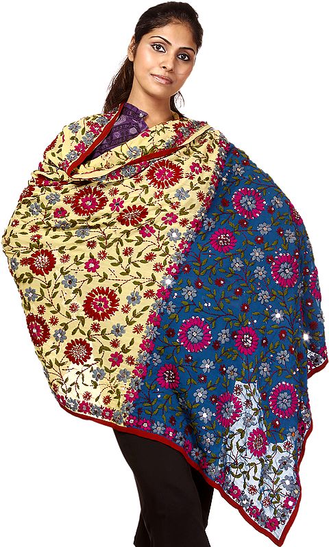 Dusky Citron and French Blue Phulkari Dupatta from Punjab with Aari-Embroidery All-Over