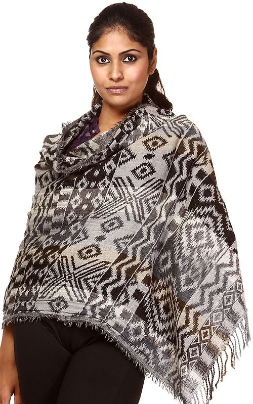 Black and Gray Jamawar Stole with Woven Rhomboids All-Over