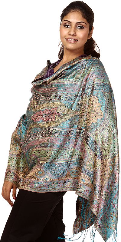 Turquoise Woven Jamawar Stole with All-Over Weave in Multi-Colored Thread
