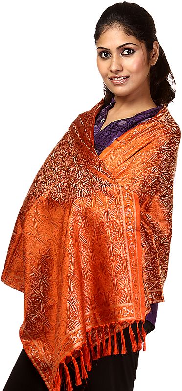 Mecca-Orange Tehra Scarf from Banaras with Hand-woven Paisleys