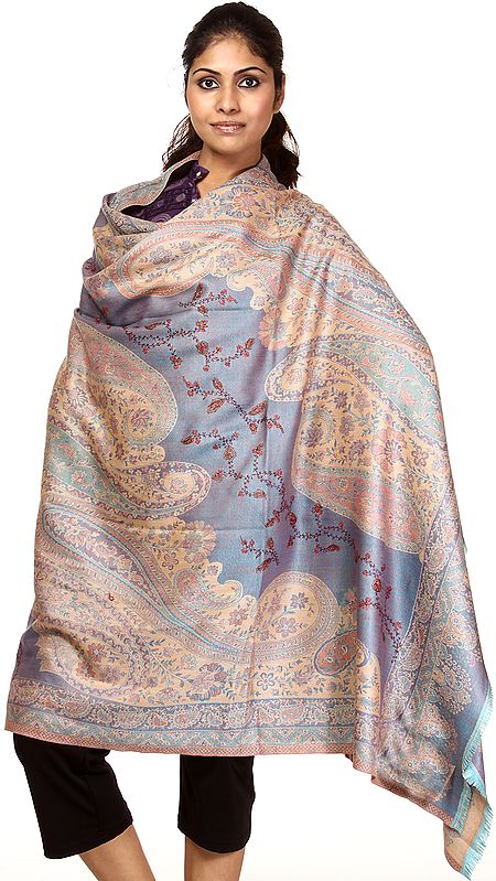 Heritage Blue Jamawar Shawl With Woven Paisleys and Needle Embroidery by hand