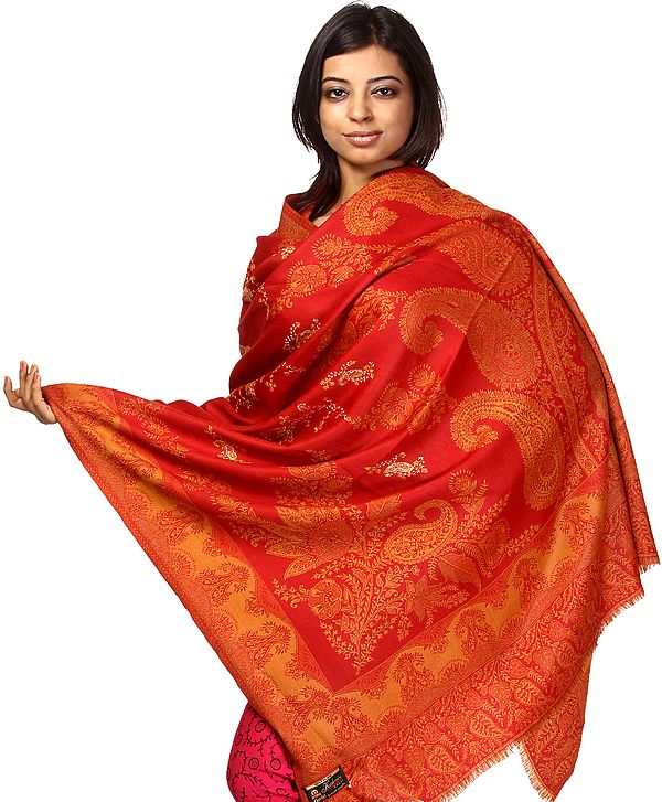 Pompeian-Red Jamawar Shawl with Sozni Embroidery by Hand and Woven Paisleys All-Over