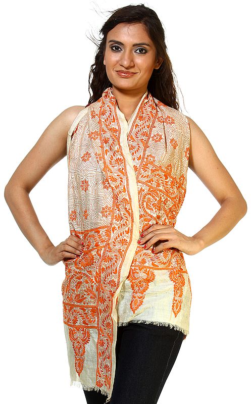 Beige Kantha Scarf With Kantha Embroidery by Hand