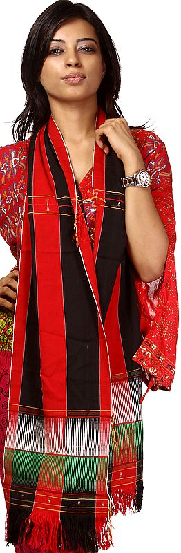 Black and Red Handwoven Folk Scarf from Nagaland
