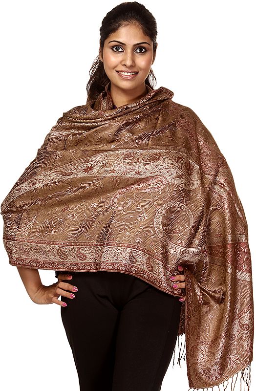 Brown and Red Jamawar Stole with All-Over Weave
