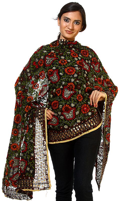 Black Phulkari Dupatta from Punjab with Aari-embroidery All-Over