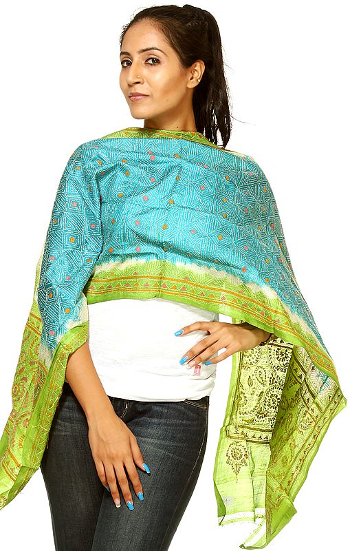 Cyan Blue and Green Scarf With Kantha Embroidery by Hand