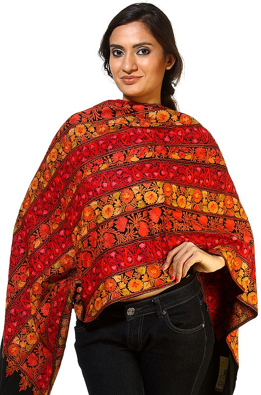 Midnight-Black Phulkari Stole with Densely Aari Embroidered Flowers All-Over