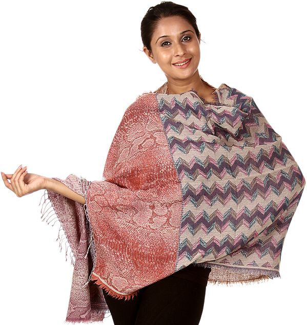 Pink and Lilac Reversible Jamawar Stole with Geometric Weave