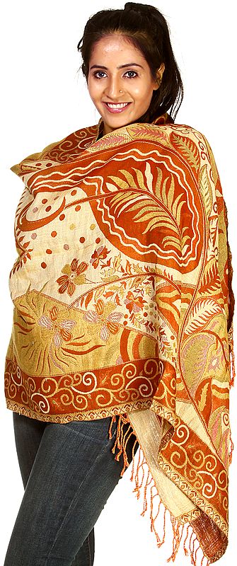 Beige and Orange Reversible Jamawar Stole with Woven Flowers