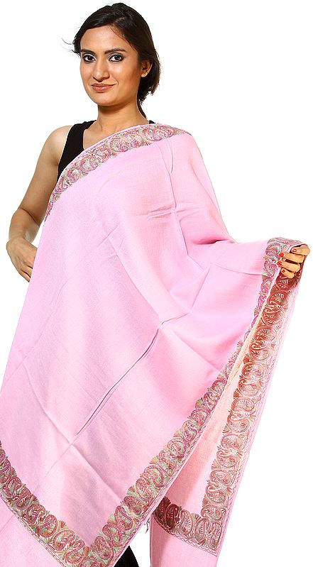 Powder Pink Plain Stole with Aari Embroidered Paisleys and Sequins