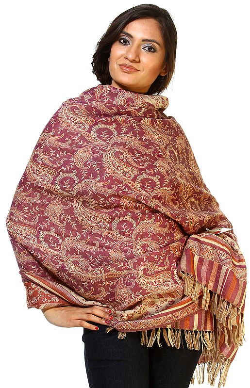 Beige and Mauve Jamawar Shawl with All-Over Woven Paisleys