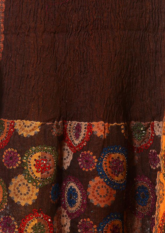 Carafe-Brown Stretch Stole with Threadwork and Sequins