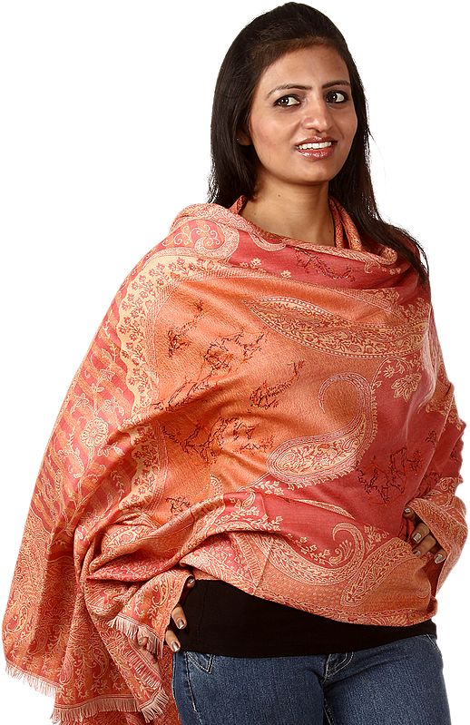 Coral Jamawar Shawl with All-Over Woven Paisleys and Needle Embroidery by Hand