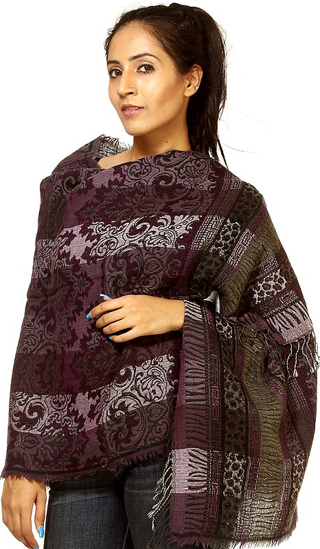 Gray and Purple Jamawar Stole with All-Over Weave