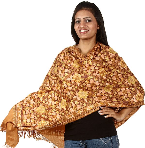 Brown-Sugar Kashmiri Stole with Dense Aari Embroidery All-Over