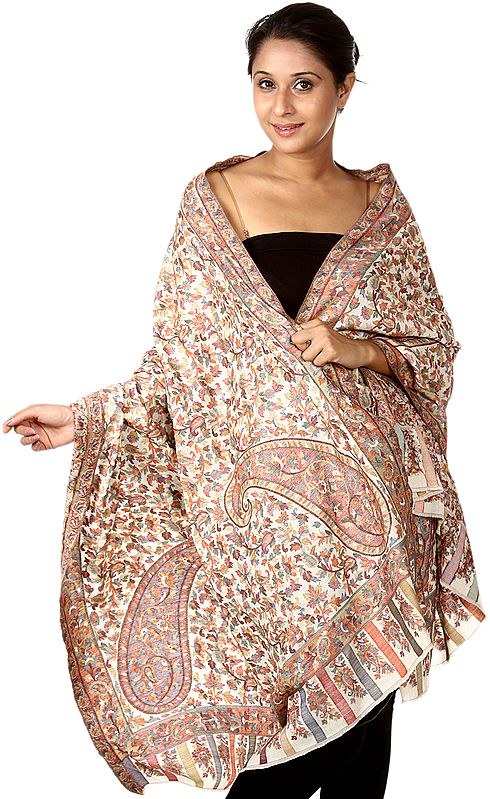Ivory Kani Stole with Woven Paisleys in Multi-Color Thread