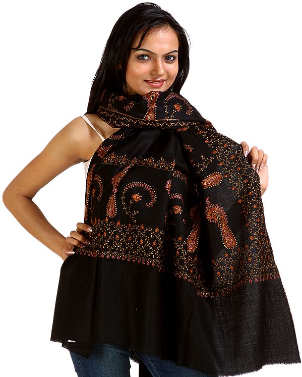 Anthracite-Black Shawl From Kashmir with Sozni Emboidery by Hand
