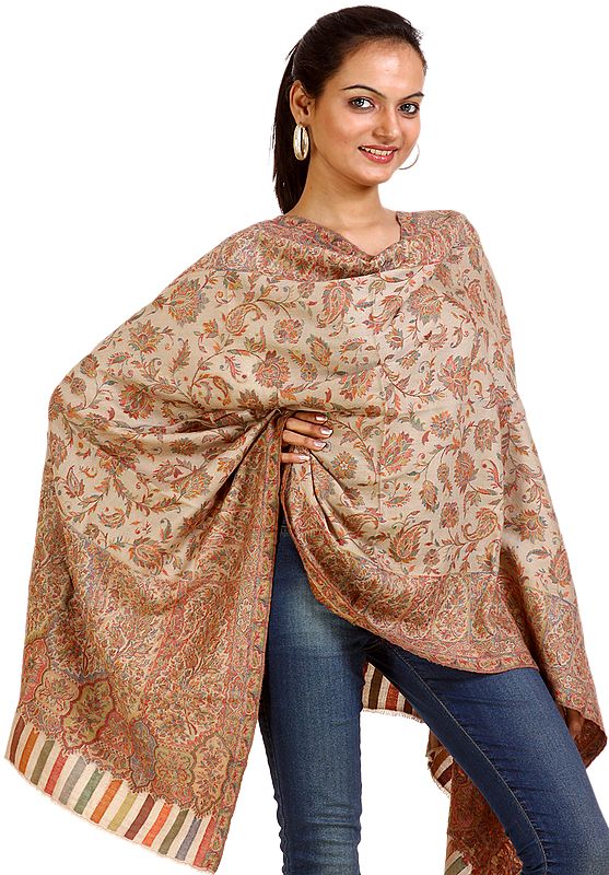 Khaki Kani Stole with Woven Paisleys in Multi-Color Thread