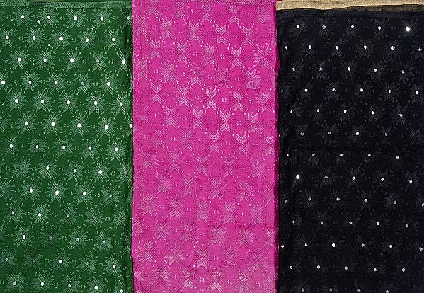 Lot of Three Phulkari Dupattas from Punjab with All-Over Embroidery
