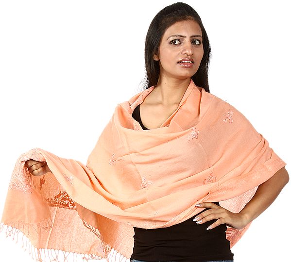 Salmon Stole with Aari Embroidered Paisleys and Sequins
