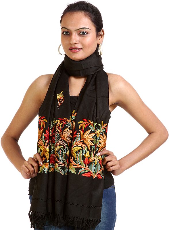 Black Stole from Kashmir with Aari Embroidered Flowers by Hand