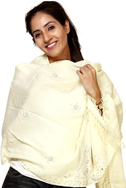 Cream Stole from Amritsar with Beads and Embroidered Sequins