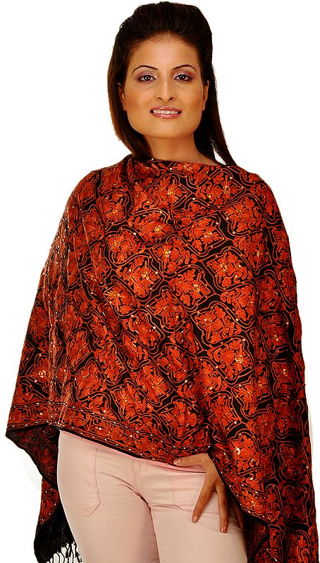 Black Stole with Densely Aari Embroidered Flowers and Sequins