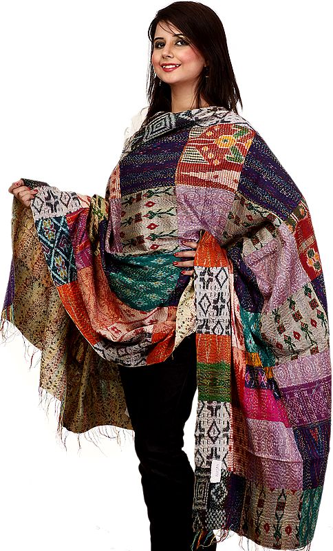 Multi-Color Patch Shawl from Kolkata with Kantha Stitched Embroidery