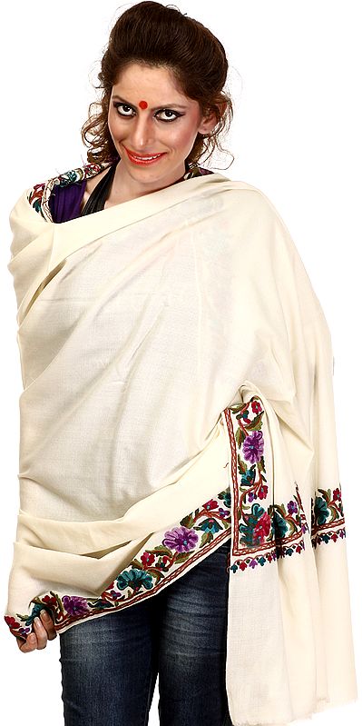Plain Ivory Shawl from Kashmir with Hand Embroidered Flowers on Border