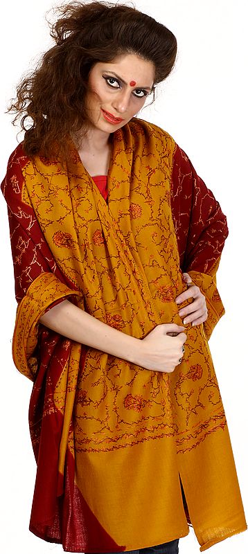 Red and Mustard Kashmiri Shawl with Needle Stitched Embroidery by Hand