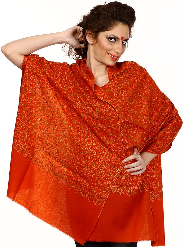 Scarlet Kashmiri Tusha Stole with Jafreen Jaal Embroidery by Hand