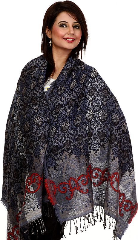 Midnight Blue Jamawar Stole with Woven Flowers and Thread Embroidery on Border