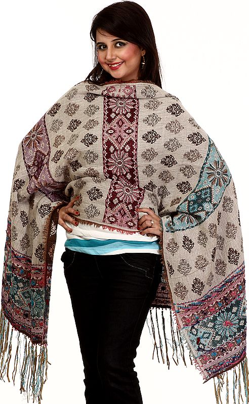 Ivory and Brown Reversible Jamawar Stole with woven Flowers and Aari Embroidery