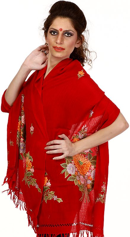 Tango-Red Kashmiri Stole with Hand Embroidered Flowers
