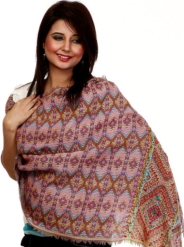 Bordeaux Jamawar Stole with All-Over Weave and Crewel Embroidery on Border