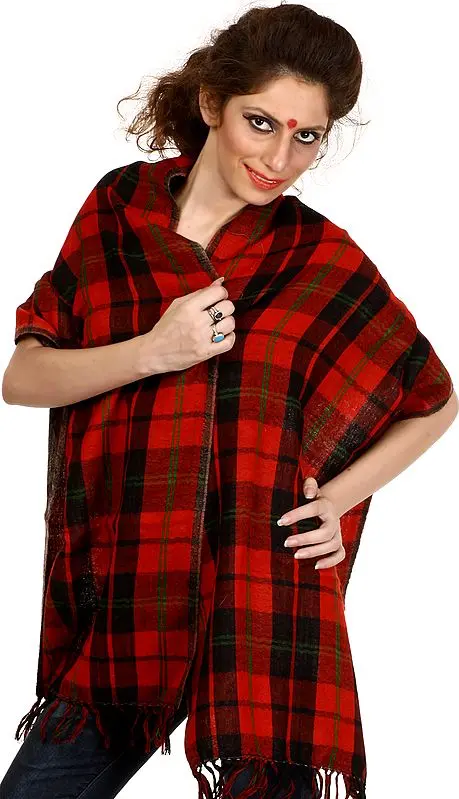 Red and Black Plaid Reversible Scarf with Jamawar Weave on Reverse