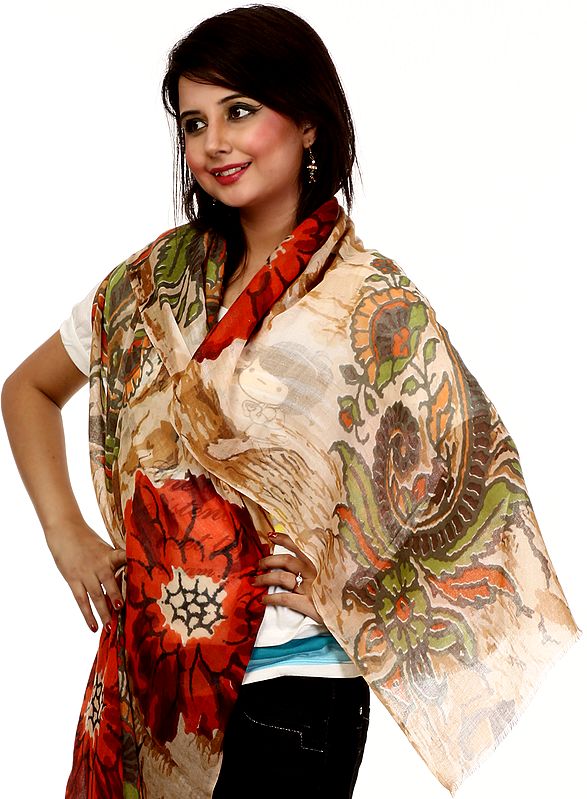 Beige Stole with Large Printed Flowers