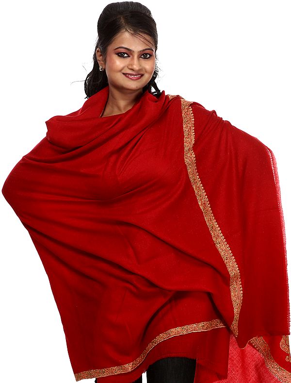 Plain Red Pure Pashmina Shawl from Kashmir with Hand-Embroidered Meenakari Border