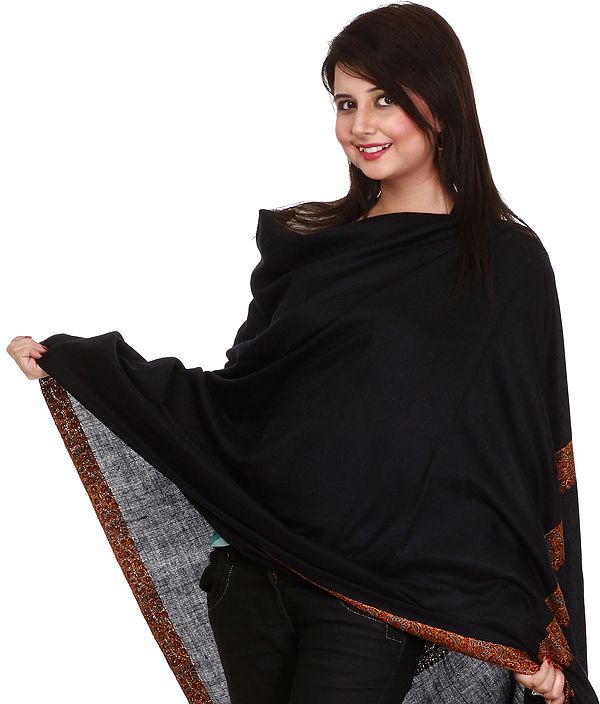 Plain Black Pure Pashmina Shawl from Kashmir with Hand-Embroidered Meenakari Border