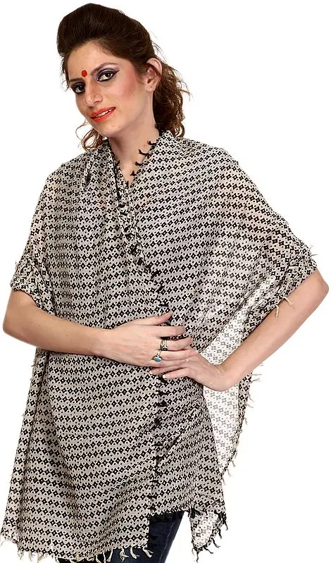 Ivory and Black Printed Stole with Tassels