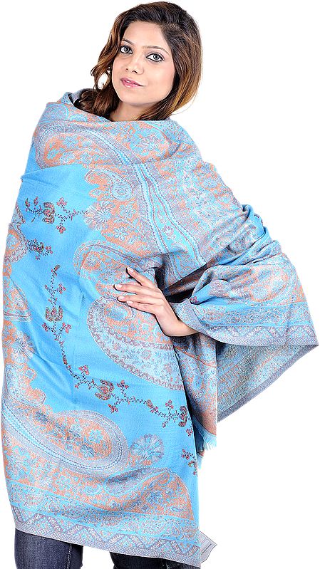 Blue-Atoll Kashmiri Shawl with Large Woven Paisleys and Needle Stitched Embroidery by Hand