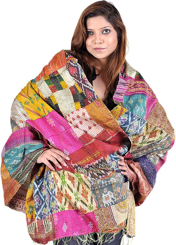 Multi-Color Patchwork Shawl with Ikat Weave and Kantha Stitch Embroidery All-Over