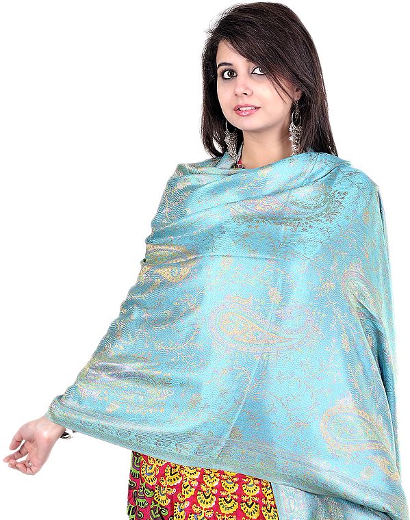 Turquoise-Blue Super-Silk Jamawar Stole with Large Woven Paisleys