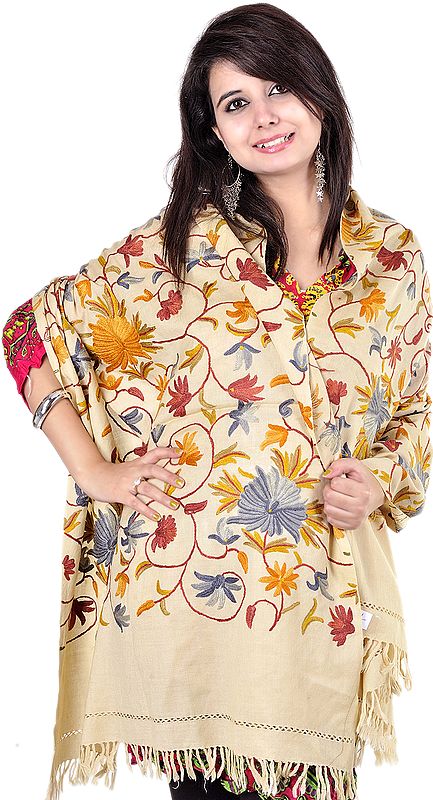 Beige Kashmiri Stole with Hand Embroidered Flowers All-Over