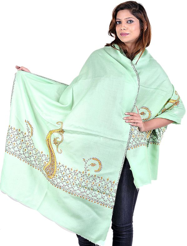 Jade-Green Stole from Kashmir with Hand Needle Stitch Embroidered Paisleys on Border