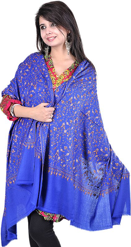 Dazzling-Blue Kashmiri Tusha Shawl with Sozni Embroidered Paisleys by Hand
