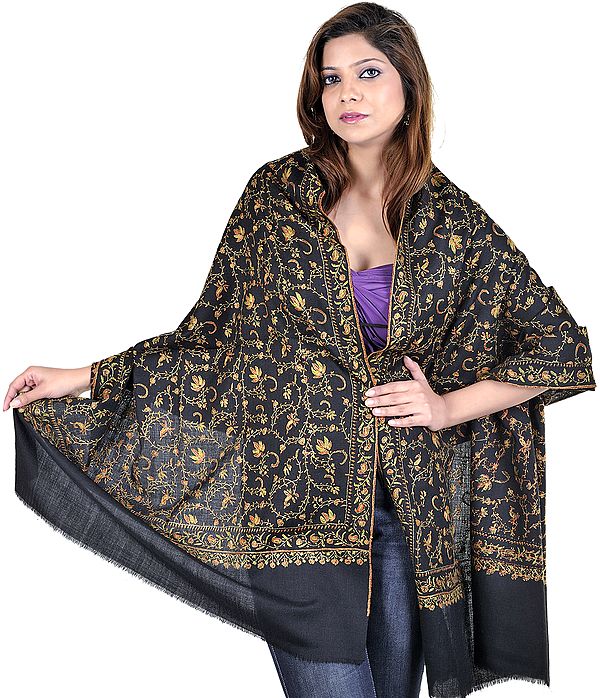 Black Kashmiri Stole with Sozni-Embroidered Paisleys by Hand